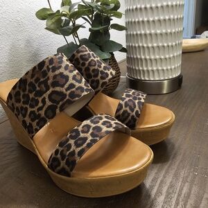 Leopard Print Platform Wedge Sandals - Women